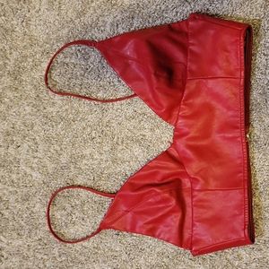 Red leather bra